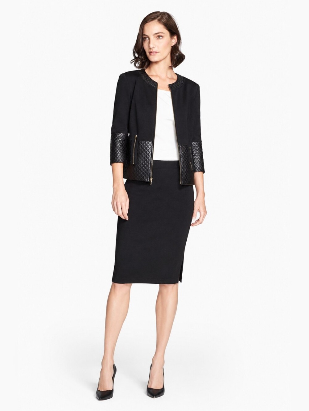 St. John Caviar Black Wool Blend Leather Trim Jacket & Skirt Set 16